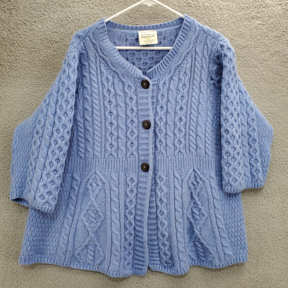 Kilronan Knitwear Cardigan Sweater Merino Wool Irish Cable Knit XL Light Blue
